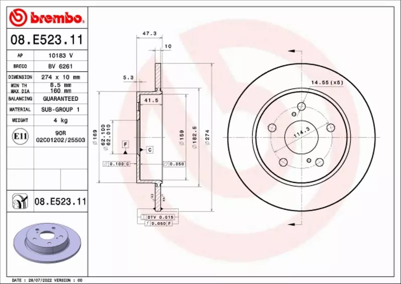 BREMBO TARCZA HAMULCOWA 08.E523.11 