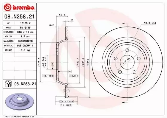 BREMBO TARCZE HAMULCOWE TYŁ 08.N258.21 