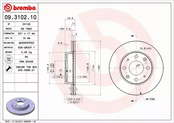 BREMBO TARCZE HAMULCOWE PRZÓD 09.3102.10 