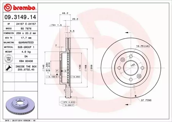 BREMBO TARCZE+KLOCKI P RENAULT ESPACE II 259MM 