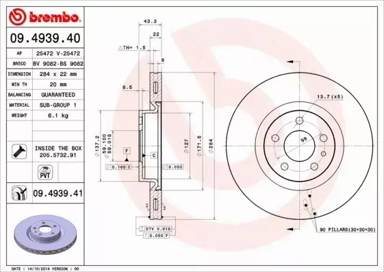 BREMBO TARCZE+KLOCKI PRZÓD FIAT 500L 284MM TEVES 