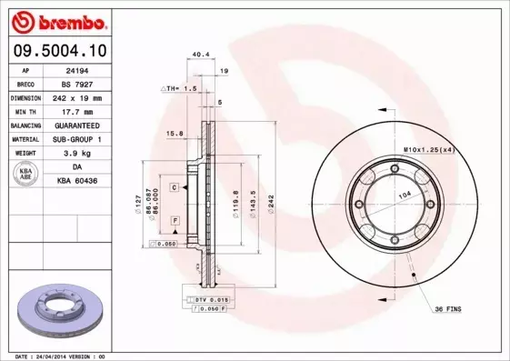 BREMBO TARCZE HAMULCOWE PRZÓD 09.5004.10 