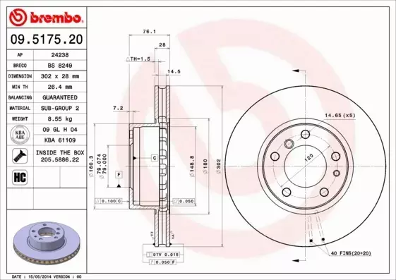 BREMBO TARCZE HAMULCOWE PRZÓD 09.5175.20 