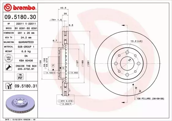 BREMBO TARCZE HAMULCOWE PRZÓD 09.5180.30 