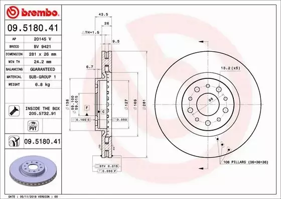 BREMBO TARCZE+KLOCKI PRZÓD FIAT TIPO II 281MM 