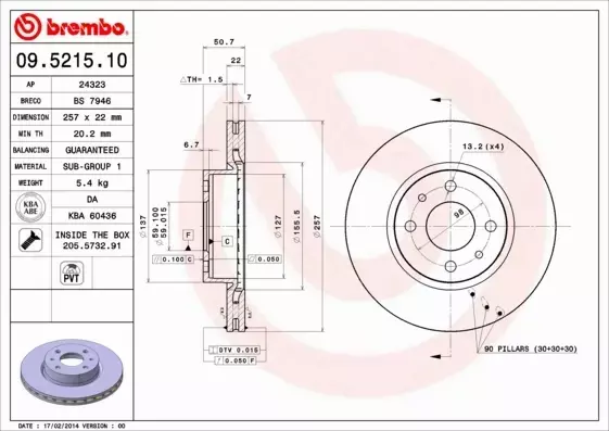 BREMBO TARCZE HAMULCOWE PRZÓD 09.5215.10 