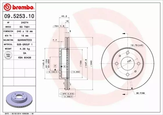 BREMBO TARCZE HAMULCOWE PRZÓD 09.5253.10 