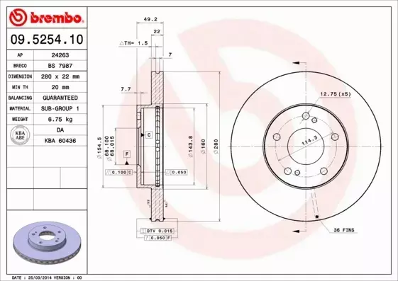 BREMBO TARCZE HAMULCOWE PRZÓD 09.5254.10 