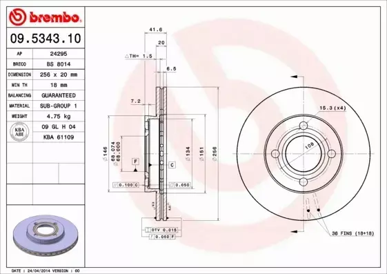 BREMBO TARCZA HAMULCOWA 09.5343.10 