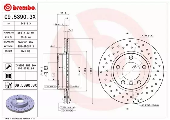 BREMBO TARCZE HAMULCOWE PRZÓD 09.5390.3X 