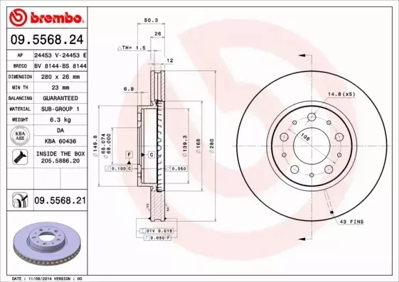 BREMBO TARCZE HAMULCOWE PRZÓD 09.5568.21 