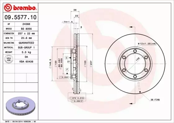 BREMBO TARCZE HAMULCOWE PRZÓD 09.5577.10 