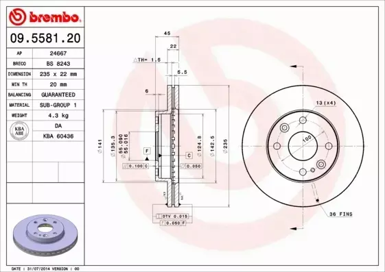 BREMBO TARCZA HAMULCOWA 09.5581.20 