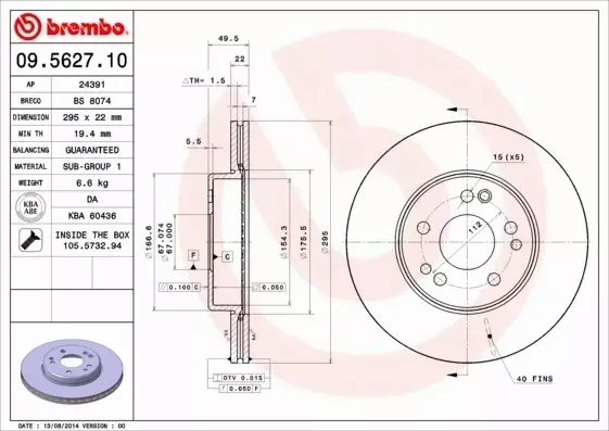 BREMBO TARCZE HAMULCOWE PRZÓD 09.5627.10 