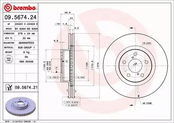 BREMBO TARCZE+KLOCKI PRZÓD SUBARU FORESTER SG 276MM 