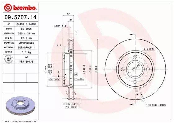 BREMBO TARCZE HAMULCOWE PRZÓD 09.5707.14 