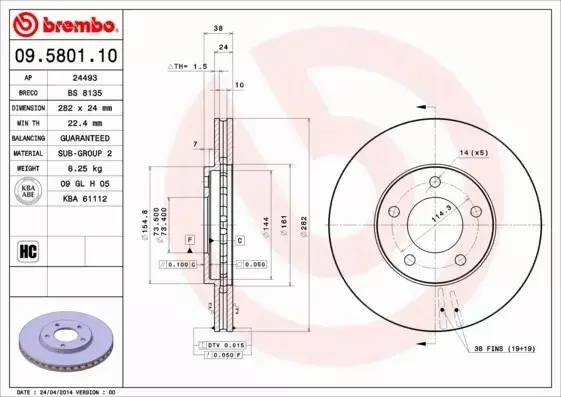 BREMBO TARCZE HAMULCOWE PRZÓD 09.5801.10 