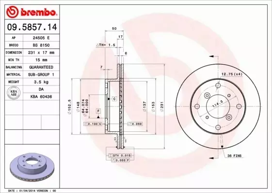 BREMBO TARCZE HAMULCOWE PRZÓD 09.5857.14 