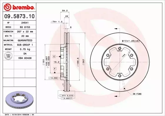 BREMBO TARCZE HAMULCOWE PRZÓD 09.5873.10 