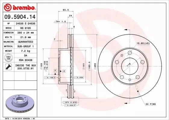 BREMBO TARCZE HAMULCOWE PRZÓD 09.5904.14 