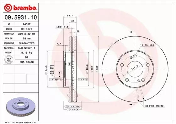 BREMBO TARCZE HAMULCOWE PRZÓD 09.5931.10 