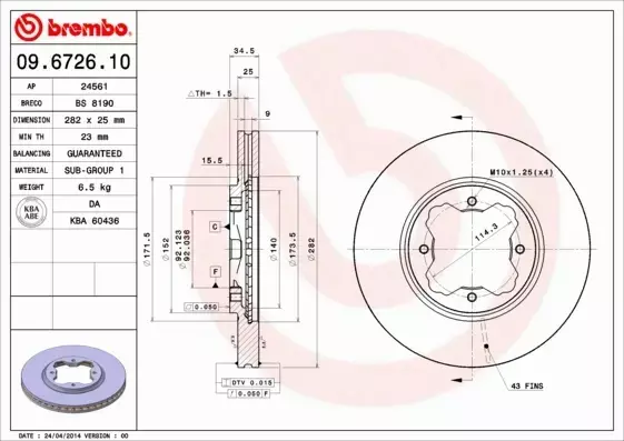 BREMBO TARCZE HAMULCOWE PRZÓD 09.6726.10 