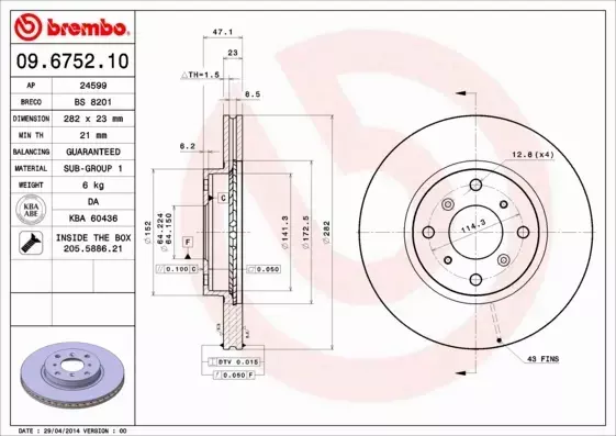 BREMBO TARCZE HAMULCOWE PRZÓD 09.6752.10 