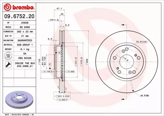 BREMBO TARCZE+KLOCKI PRZÓD HONDA CIVIC VII 282MM 