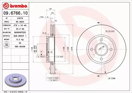 BREMBO TARCZE HAMULCOWE PRZÓD 09.6766.10 