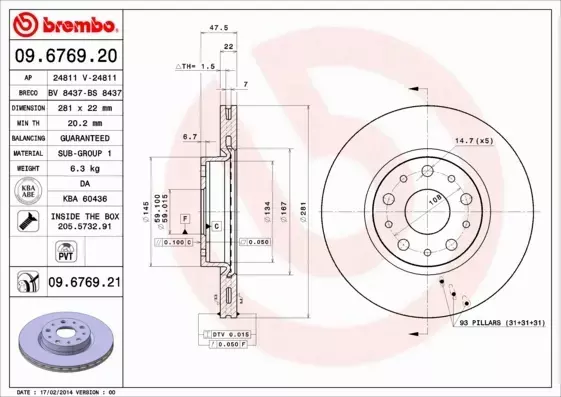 BREMBO TARCZE HAMULCOWE TYŁ 09.6769.21 