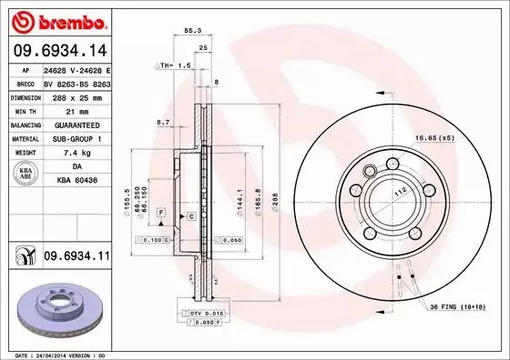 BREMBO TARCZE HAMULCOWE PRZÓD 09.6934.11 