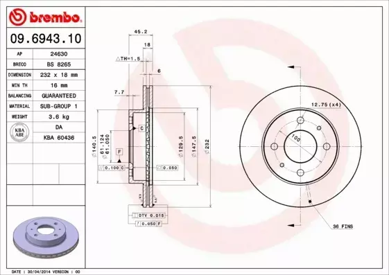 BREMBO TARCZE HAMULCOWE PRZÓD 09.6943.10 