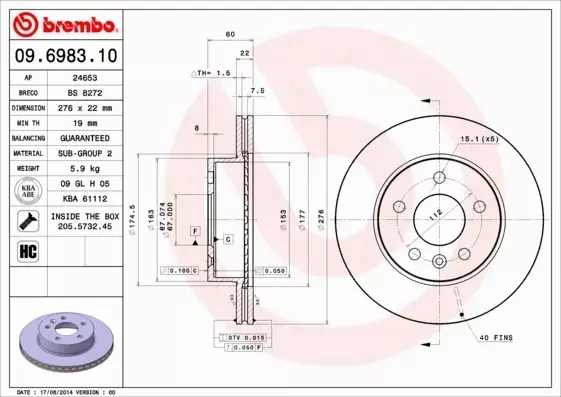 BREMBO TARCZE PRZÓD MERCEDES VITO 638 276MM KRK Pr 