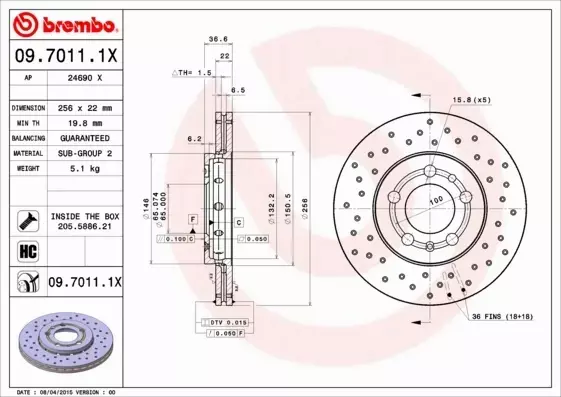 BREMBO TARCZE HAMULCOWE PRZÓD 09.7011.1X 