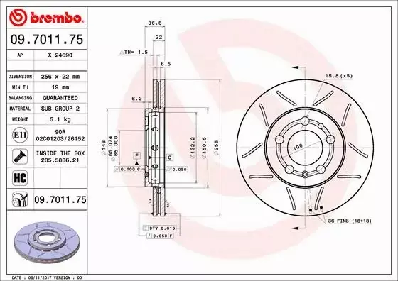 BREMBO TARCZE HAMULCOWE PRZÓD 09.7011.75 