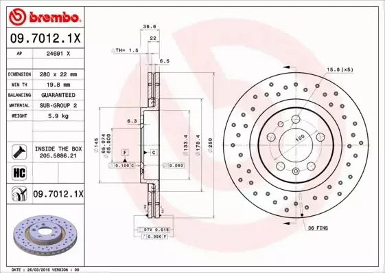 BREMBO TARCZE HAMULCOWE PRZÓD 09.7012.1X 