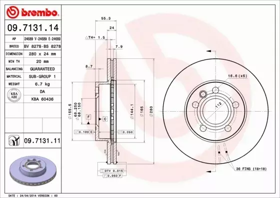 BREMBO TARCZE HAMULCOWE PRZÓD 09.7131.14 