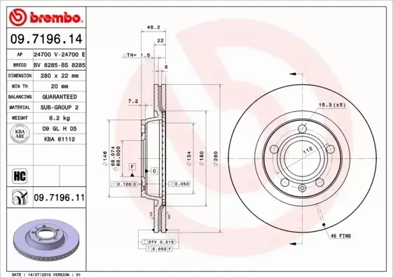 BREMBO TARCZE HAMULCOWE PRZÓD 09.7196.11 