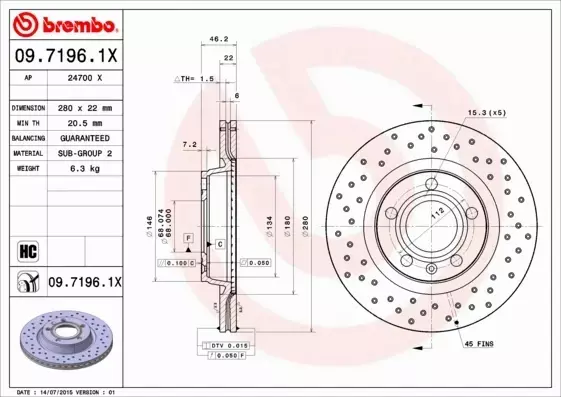 BREMBO TARCZE HAMULCOWE PRZÓD 09.7196.1X 