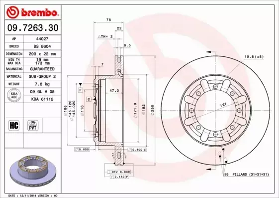 BREMBO TARCZE HAMULCOWE TYŁ 09.7263.30 