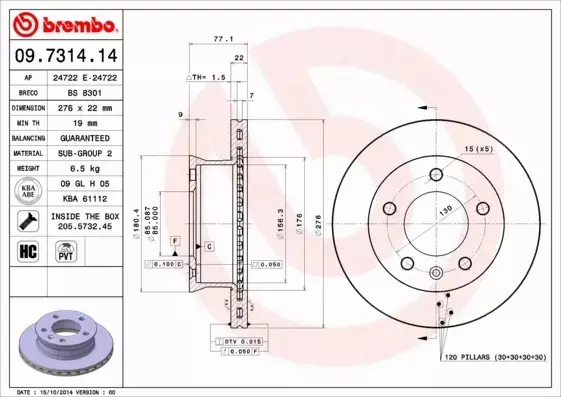 BREMBO TARCZE HAMULCOWE PRZÓD 09.7314.14 