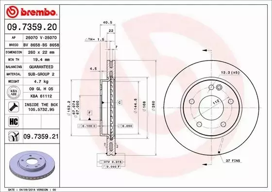 BREMBO TARCZE PRZÓD MERCEDES KLASA A W168 A160 A17 