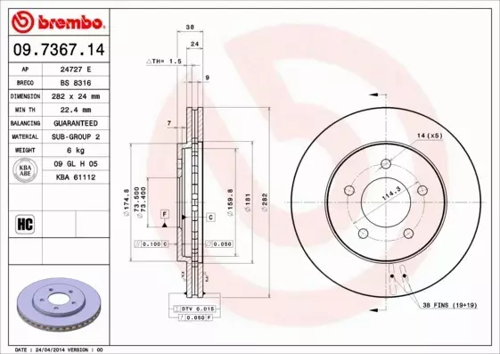 BREMBO TARCZE HAMULCOWE PRZÓD 09.7367.14 