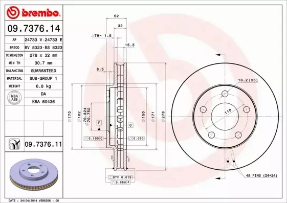 BREMBO TARCZE HAMULCOWE PRZÓD 09.7376.11 