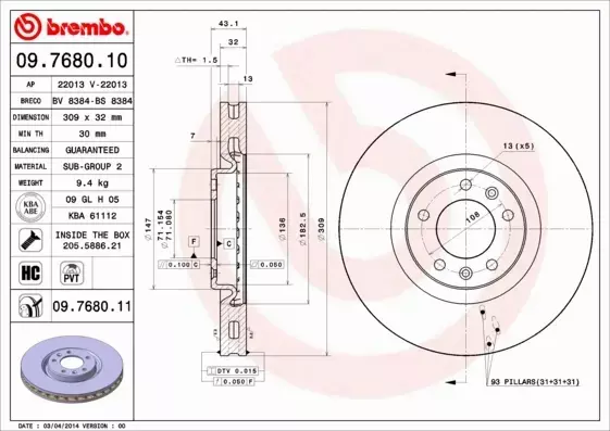 BREMBO TARCZE+KLOCKI PRZÓD PEUGEOT 607 309MM 