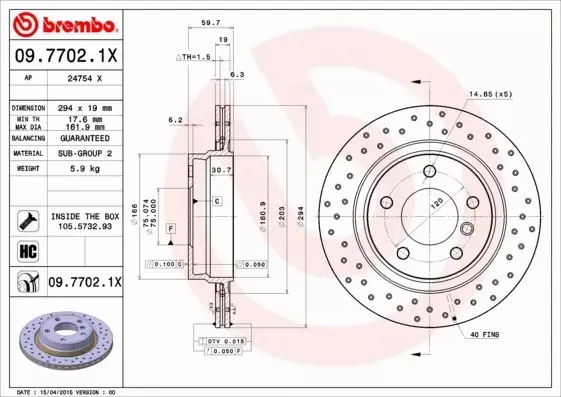 BREMBO TARCZE HAMULCOWE TYŁ 09.7702.1X 