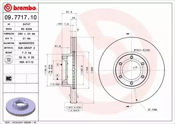 BREMBO TARCZE HAMULCOWE PRZÓD 09.7717.10 