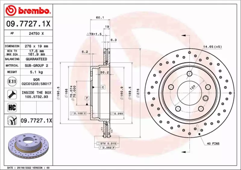 BREMBO TARCZA HAMULCOWA 09.7727.1X 