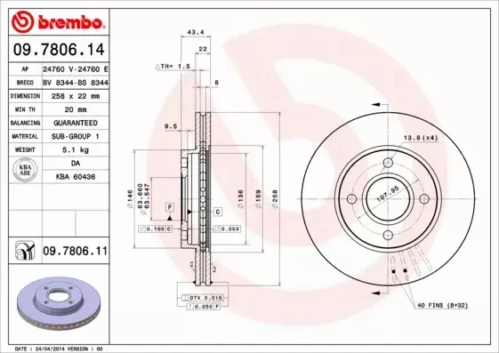 BREMBO TARCZE HAMULCOWE PRZÓD 09.7806.14 