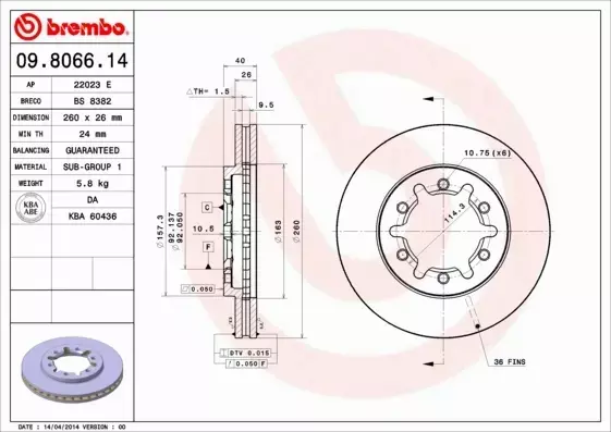 BREMBO TARCZE HAMULCOWE PRZÓD 09.8066.14 